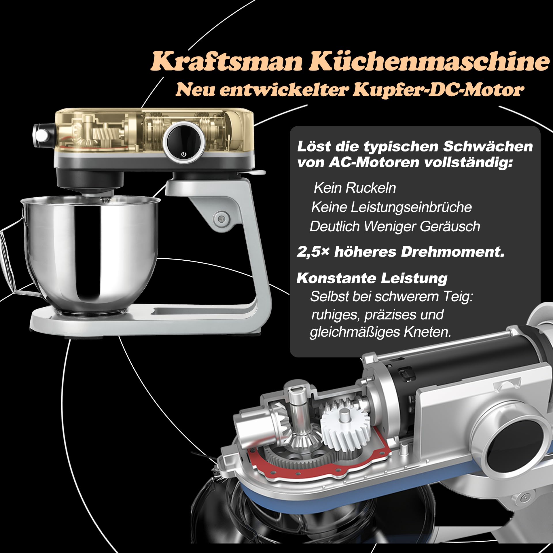 Küchenmaschine, Knetmaschine für Brotteig,Ganzmetallgehäuse,8 Stufen mit Timer,5 L Schüssel, 4 Edelstahl-Aufsätze (Schwarz)