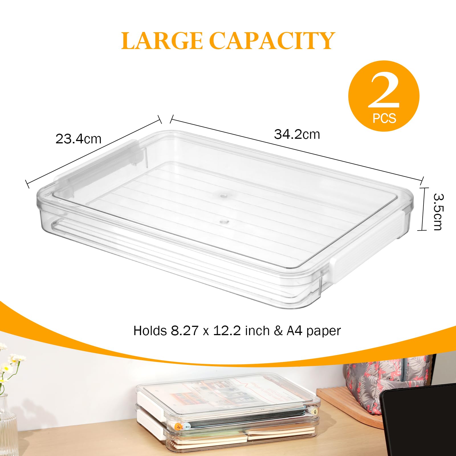VINATO Scatola Organizzatrice Trasparente con Coperchio per A4, 2 Pezzi - Porta Documenti Impilabile, Scatola Plastica con Coperchio Multiuso per Ufficio, Casa