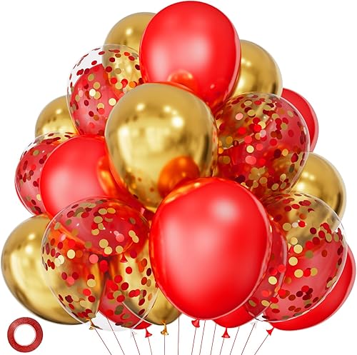 Globos de látex rojo real y dorado, 12 pulgadas, dorado metálico, mezcla de confeti con cinta, paquete de 50 unidades para cumpleaños, bodas,