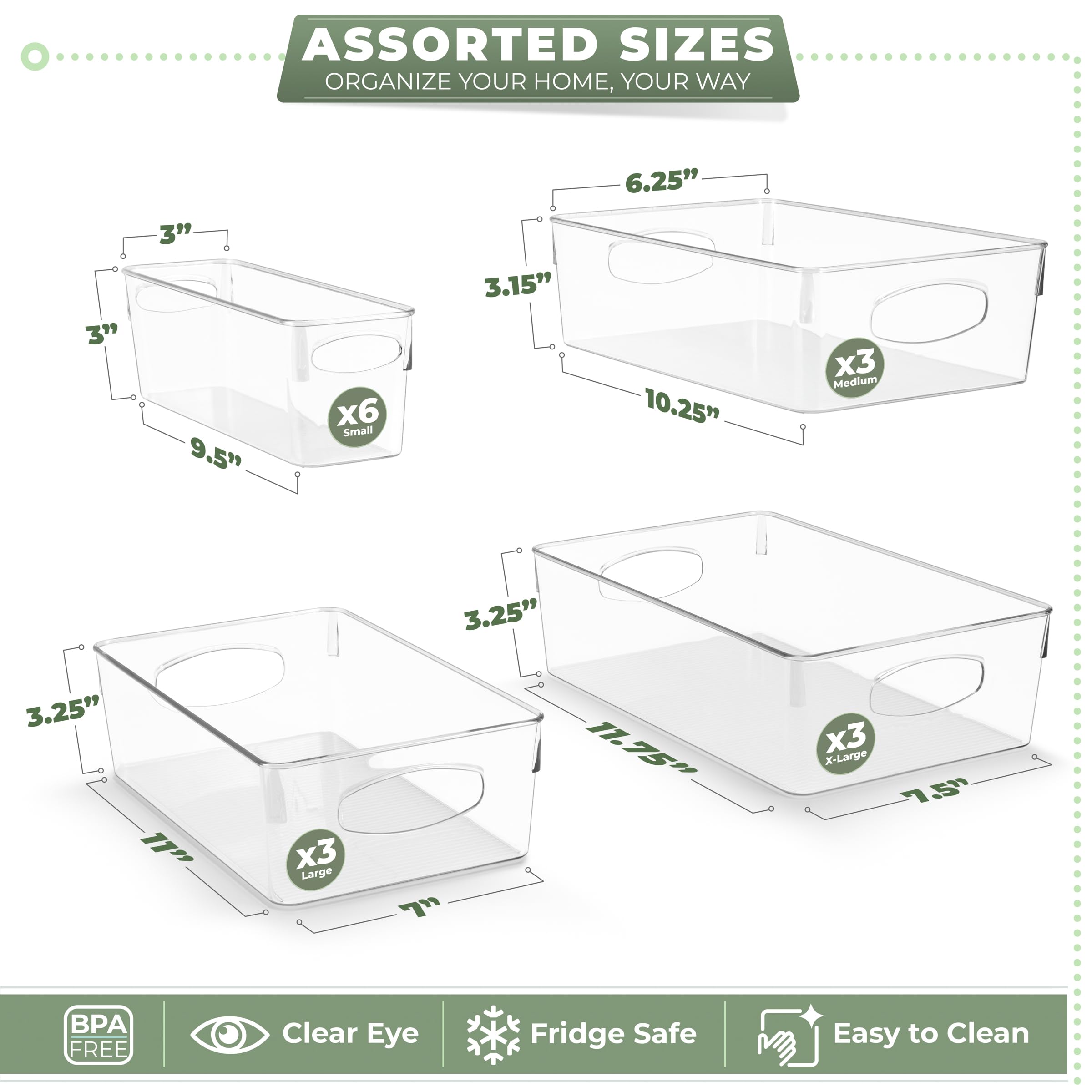 Sorbus Paquete de 15 contenedores de almacenamiento de plástico transparente, organizadores transparentes con asa para cocina, despensa, armario, refrigerador, manualidades, juguetes, ropa, armario,