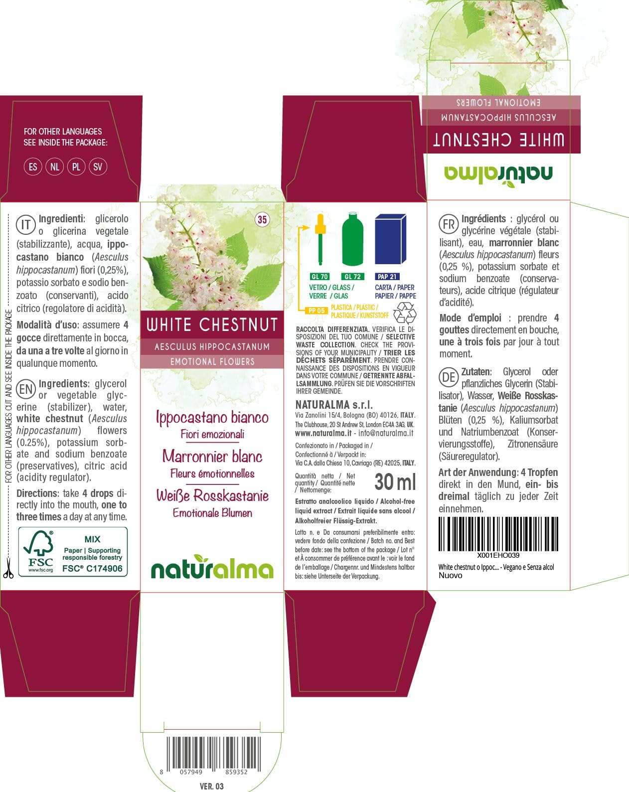 White chestnut lub Kasztanowiec biały (Aesculus hippocastanum) Kwiaty emocji lub Kwiaty Bacha Naturalma - Krople 30 ml - Płynny ekstrakt bezalkoholowy - Esencje kwiatowe - Wegański