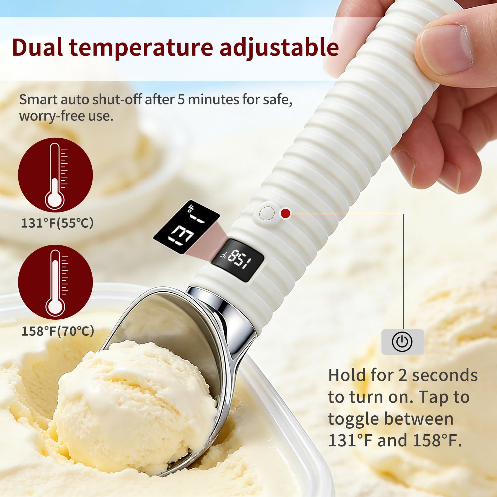 Cuillère à glace électrique avec fonction de réchauffement rapide et panneau LCD pour faire fondre facilement les bonbons réfrigérés Cuillère à crème glacée de qualité alimentaire