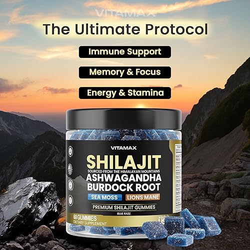 Miniatura 2 de Gomitas Shilajit orgánicas, musgo marino, Ashwagandha, más de 105 minerales traza - Raíz de bardana orgánica y hongo melena de león - Blue Razz -