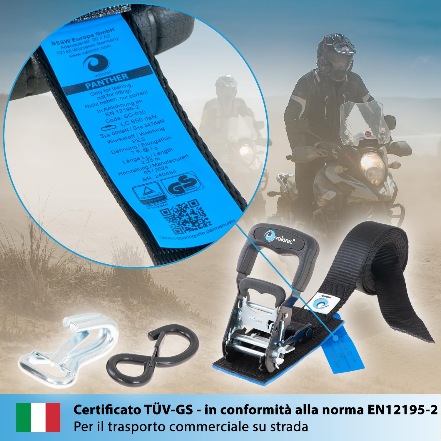 valonic PANTHER - 2x 2,25m cinghie di fissaggio con ganci per moto, 38mm, 650/1300 Kg, imbottitura, Certificato TÜV Rheinl. / GS, EN 12195-2 - distanza di fissaggio molto breve