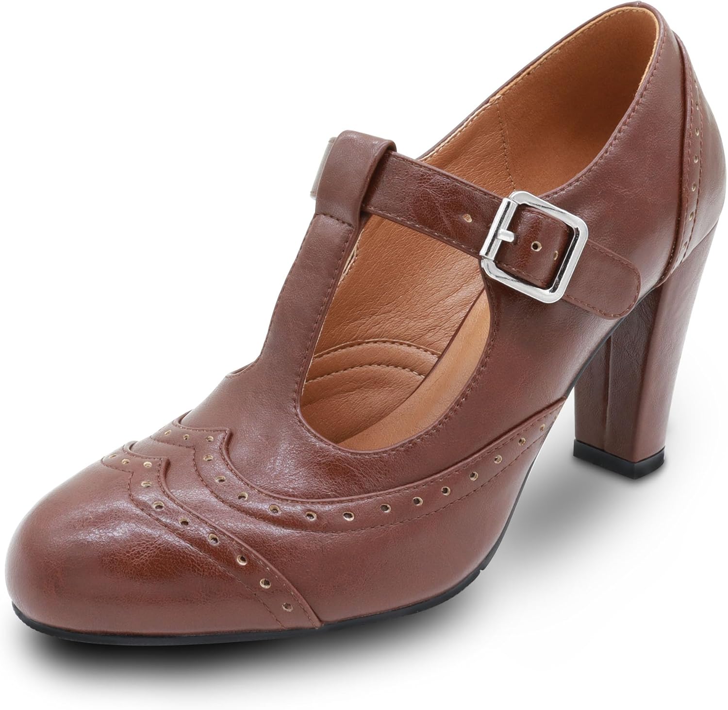 Women's Vintage T-Strap Buckle Brogue Mary Janes Oxford Round Toe Mid Heels Shoes