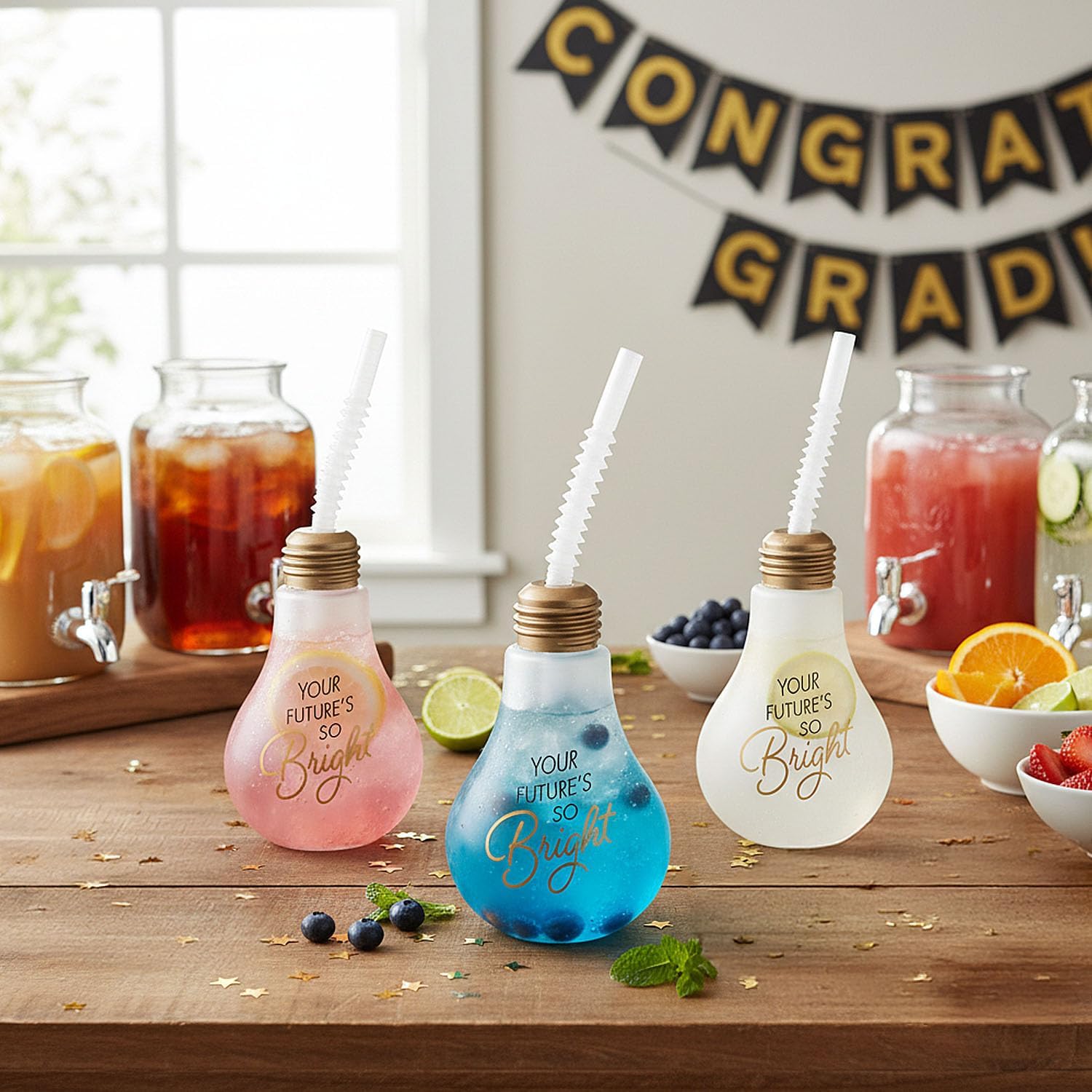 Fun Express 12 Pieces Grad Lightbulb Cups with Lids & Straws, Holds 14 oz, BPA Free Plastic, Party Supplies, White