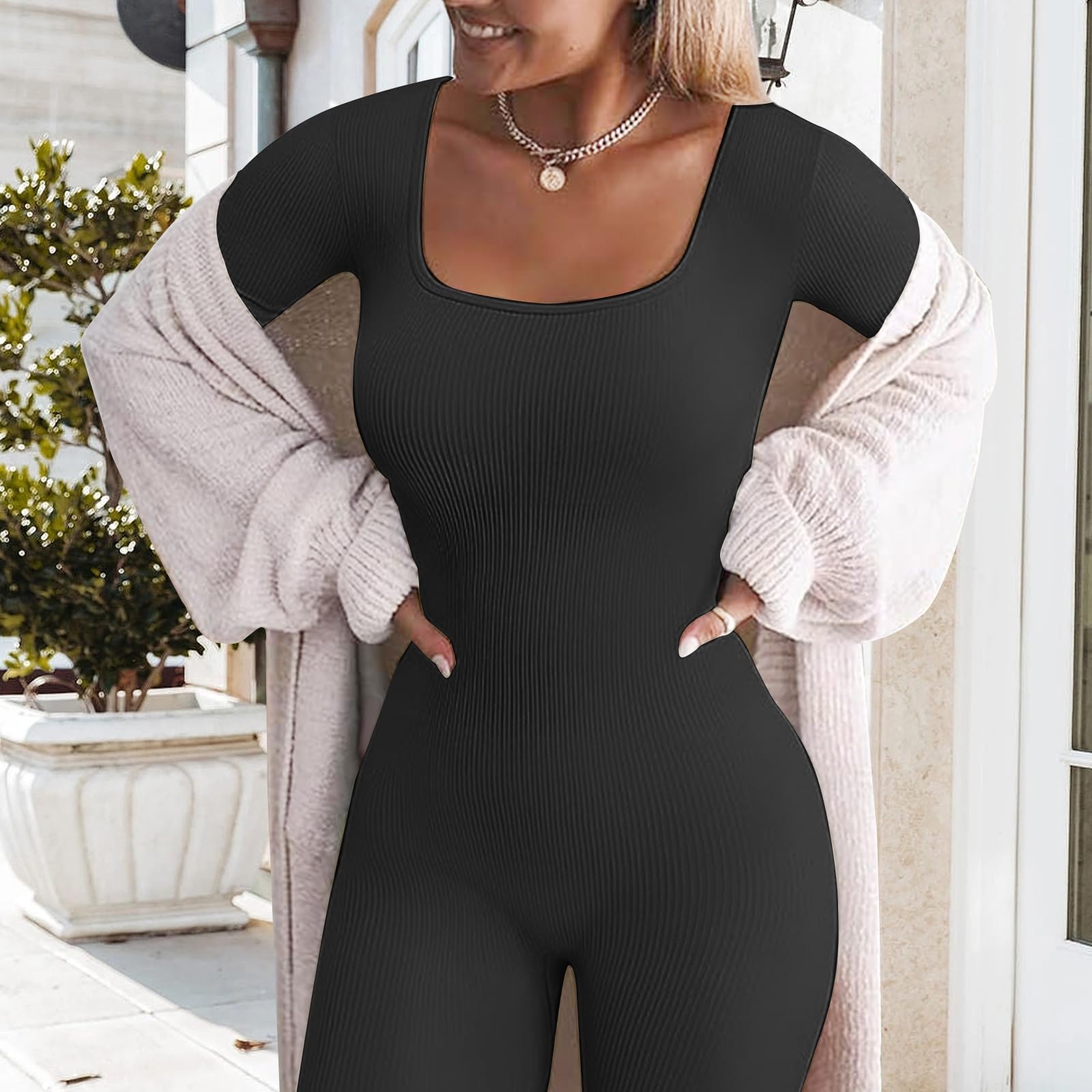 Jetjoy Damen Sport Jumpsuit Lang Yoga Armellos Workout Bodysuit Einteiler Ganzkörperanzug Jumpsuit eng Eckigem Ausschnitt Gerippte Jumpsuits Sportanzug Einteiliger