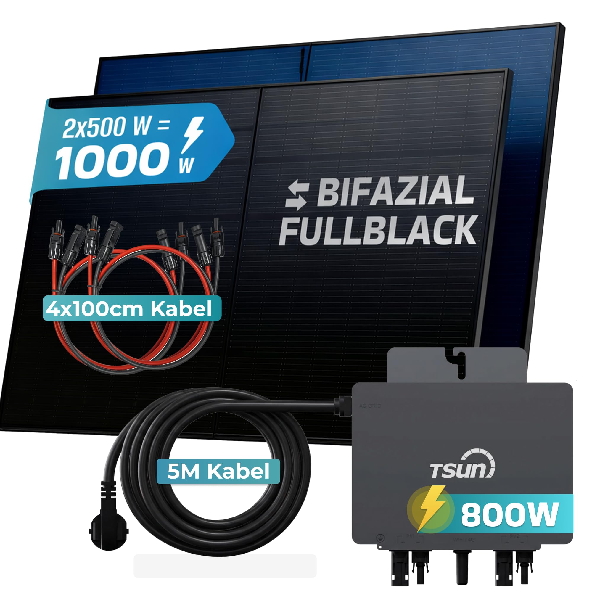 SUNNIVA® 1000W Balkonkraftwerk BIFAZIAL FULLBLACK komplett Steckdose TSUN 800 Watt Wechselrichter, Solaranlage Komplettset, 2x 500W N-Type Glas Bifacial Solarmodule, 5m Kabel & 4x 1m Solarkabel