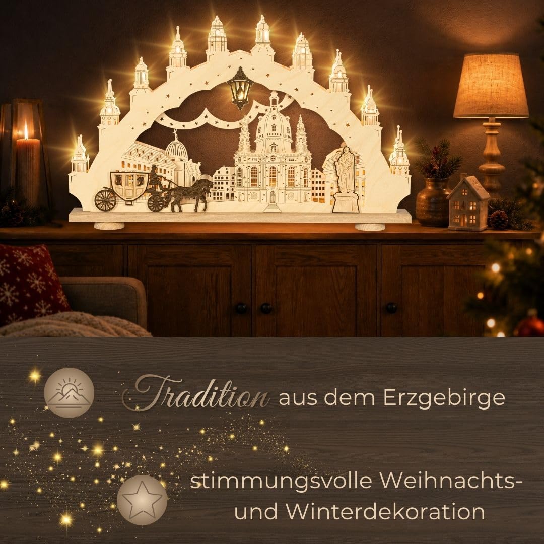 weigla - Schwibbogen original Erzgebirge I Motiv Dresden Frauenkirche I Lichterbogen Weihnachten I 15 Lampenkerzen + 1 Ersatzlampe I 15 x 16 V, 3 W, E10 I beleuchtete Weihnachtsdeko innen