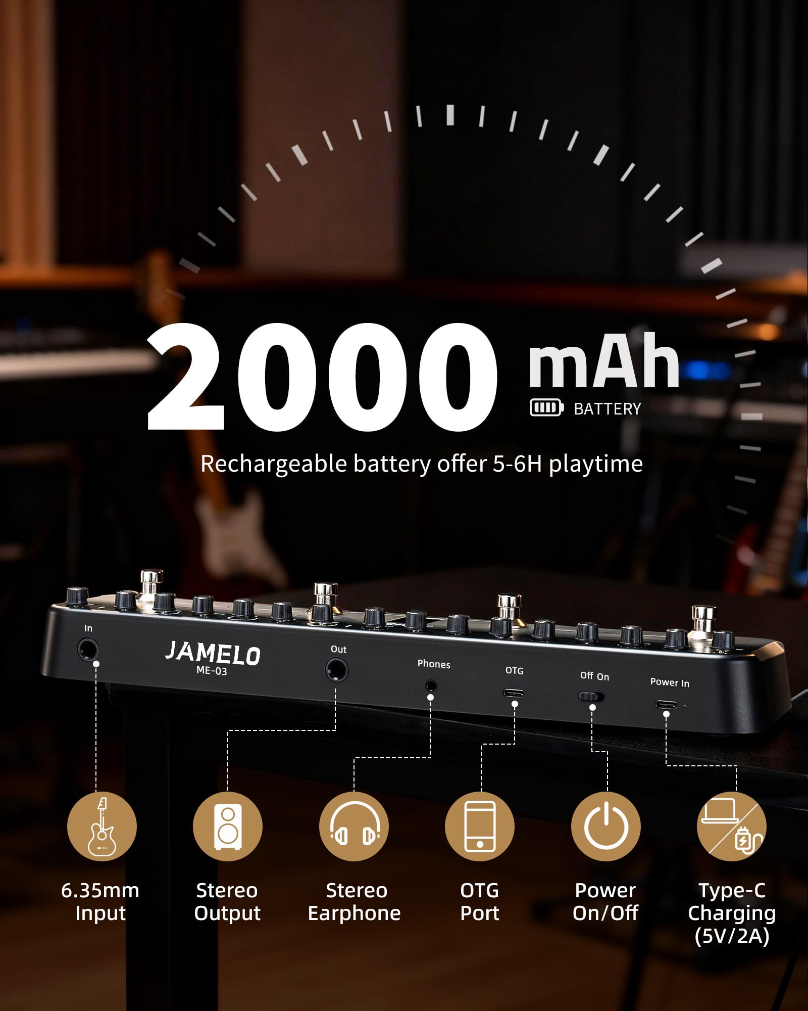 Jamelo Pedale multi-effetto per chitarra elettrica con 40 preset modificabili, 7 moduli di effetti popolari, chorus, delay, riverbero, MOD, batteria ricaricabile