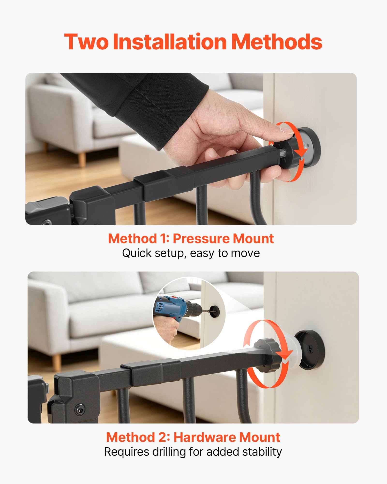 VEVOR Barrera de Seguridad para Niños, 76 cm x 75-111 cm, Valla de Seguridad Infantil con Puerta Ajustable para Gatos, Bloque Doble y Apertura en Dos Sentidos, para Escaleras Hogar, Color Negro
