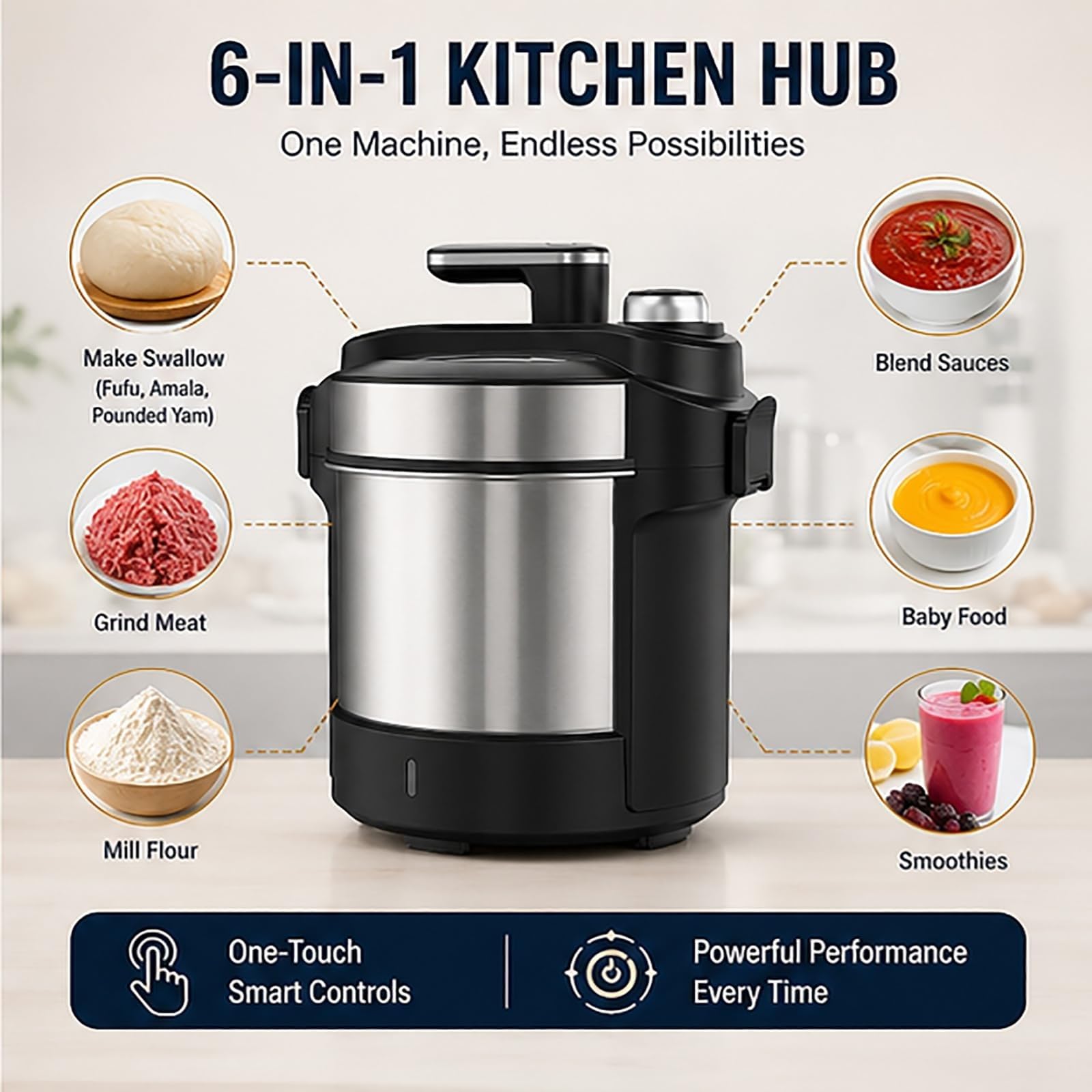 1000 W Automatischer Yam-Stampfer, Zubereiter & Küchenmaschine, 6 L Elektrische Fufu-Maschine mit Timer, Kochmixer aus Edelstahl – Für Fufu, Amala, Banku in der heimischen Küche