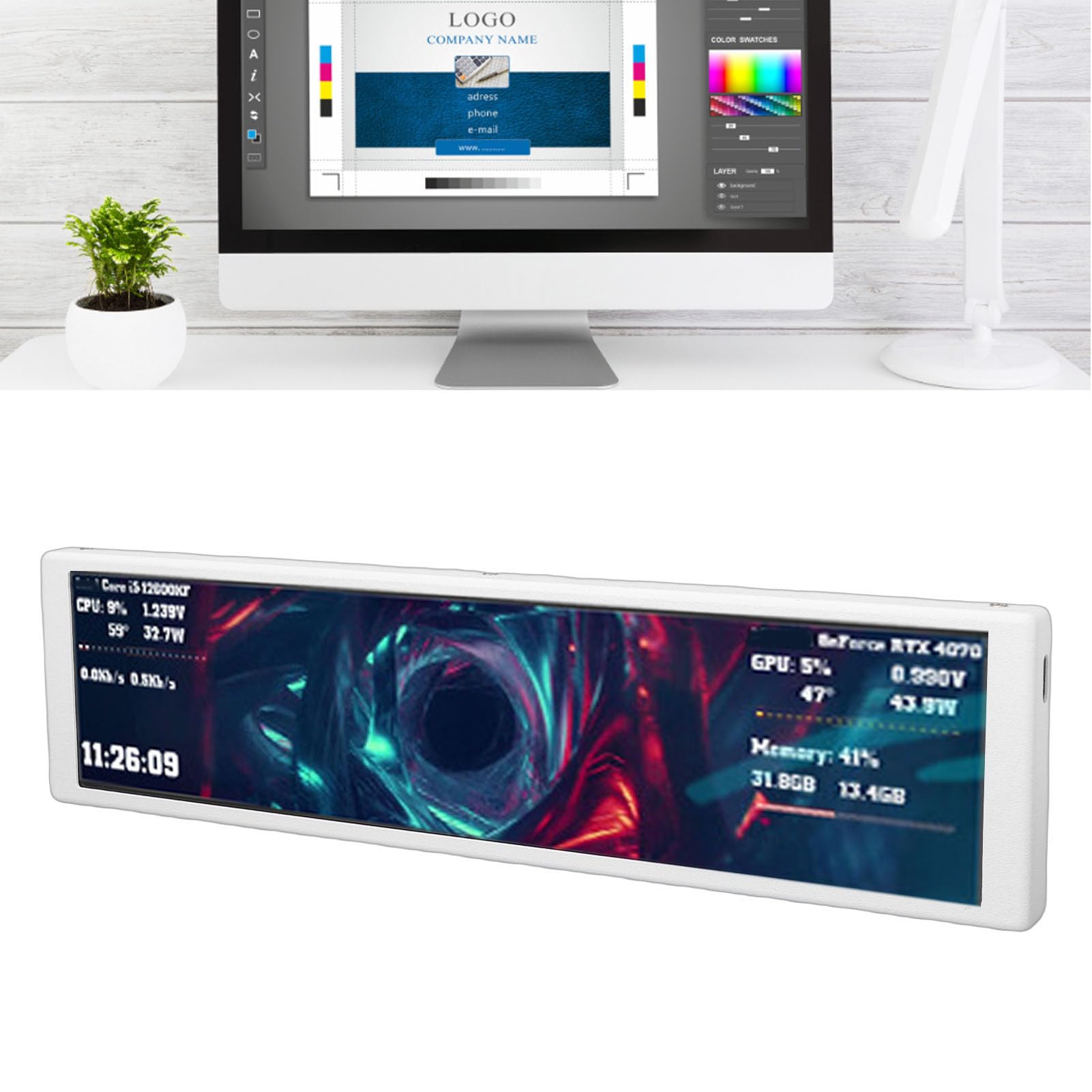 Mini Monitor da 9,2" per PC, Pannello di Visualizzazione della Temperatura del PC con Temi Video Dinamici, Monitor RAM CPU GPU, Layout Personalizzabile per Programmatori di (WHITE)