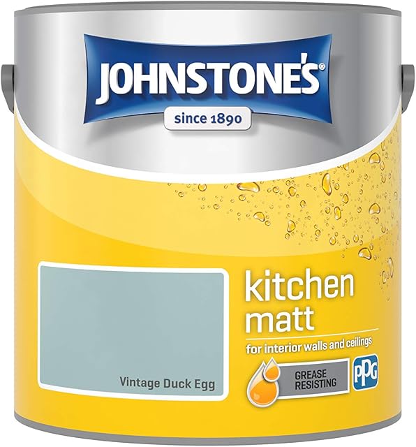 Johnstone's - Kitchen Paint - Vintage Duck Egg - Matt Finish - Grease & Stain Resistant - Suitable for Kitchen Walls & Ceilings - Highly Durable - Low Odour - 12m2 Coverage per Litre - 2.5L