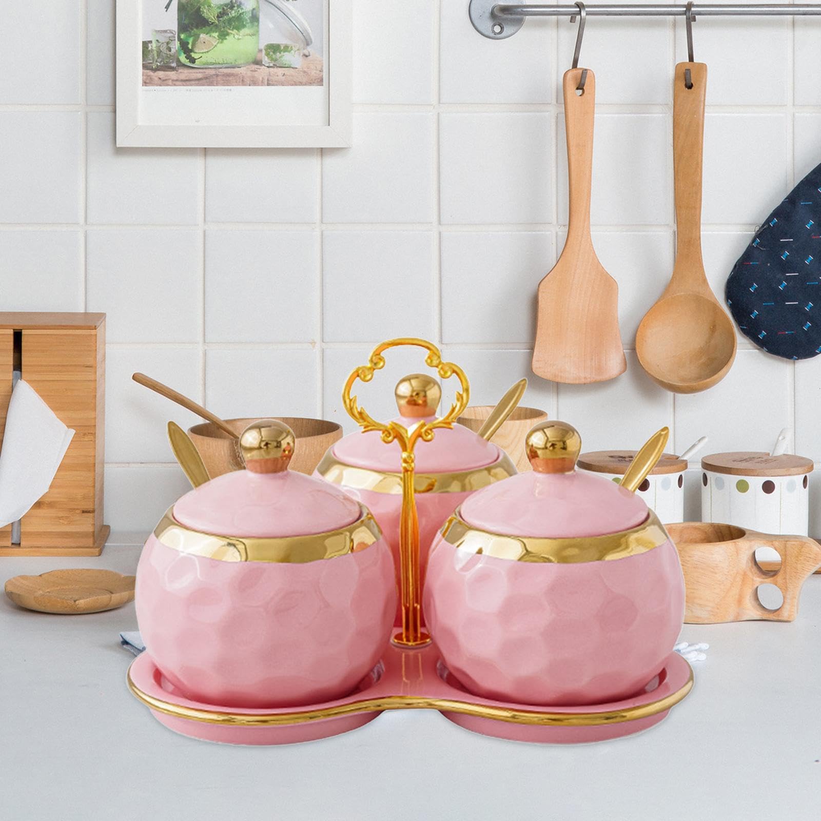 Tarro para condimentos de encimera de cocina. Práctico juego de tarros para condimentos con tapas y cucharas. Añada elegancia a su cocina. Tarros