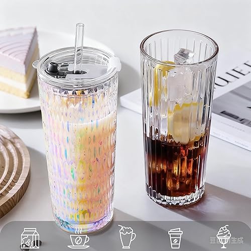 Miniatura 4 de Puraville Vaso de vidrio de 18 onzas con tapa y pajilla, cristalería gruesa con patrón de diamante vintage para whisky, cóctel, cerveza, vaso de