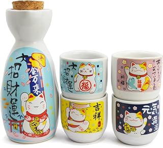 Fengshuibringluck Japanese Sake Cup Set 5 Pieces Ceramic Neko Cup Sake Glasses Cute Cat Tea Cup (Blue Cat)
