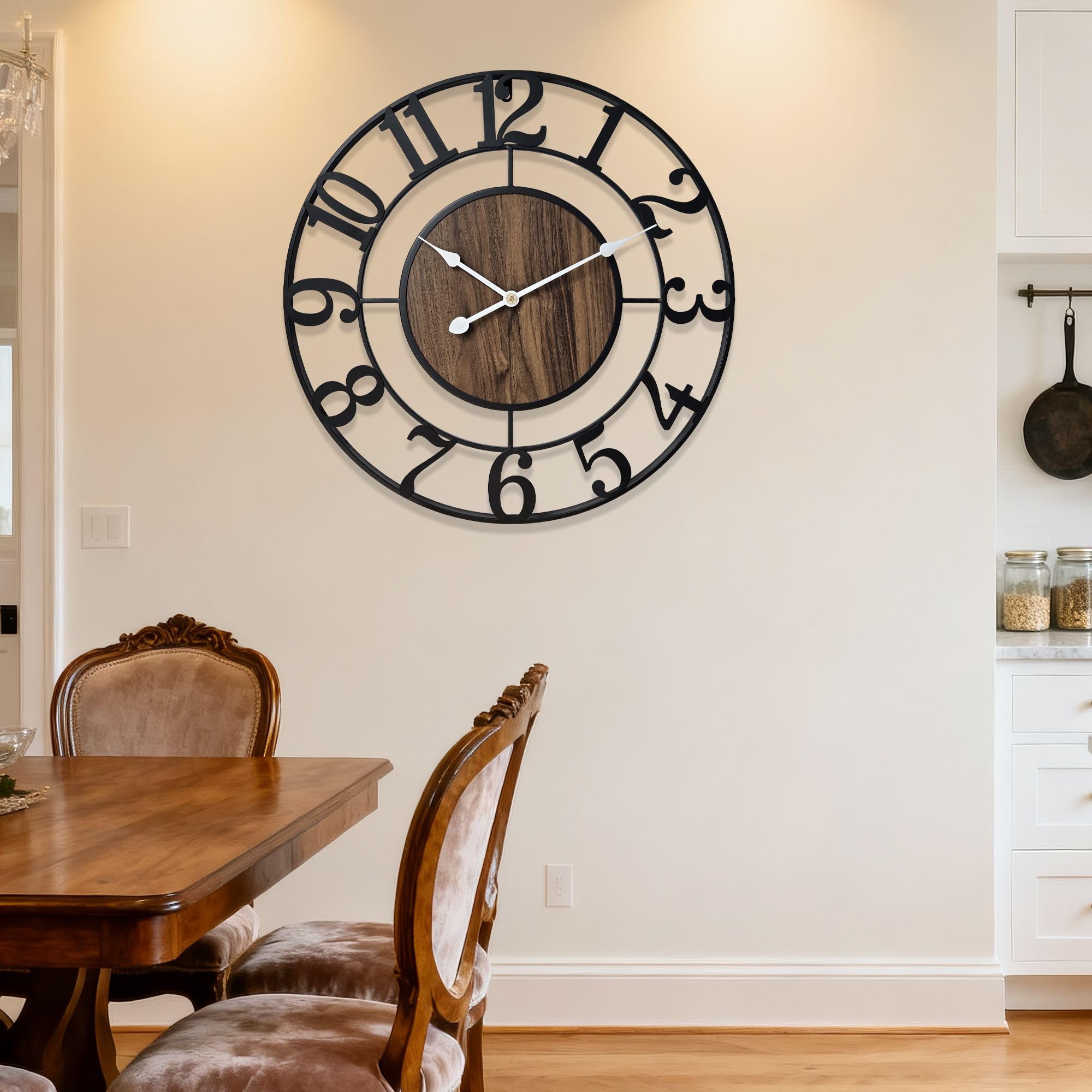 Große Wanduhr 50cm Durchmesser Vintage Design Schwarz Metall Dekorative Ohne Tickgeräusche Moderne Holz Wanduhr für Wohnzimmer, Landhaus, Schlafzimmer, Kamin, Küche, Büro & Wohnaccessoire