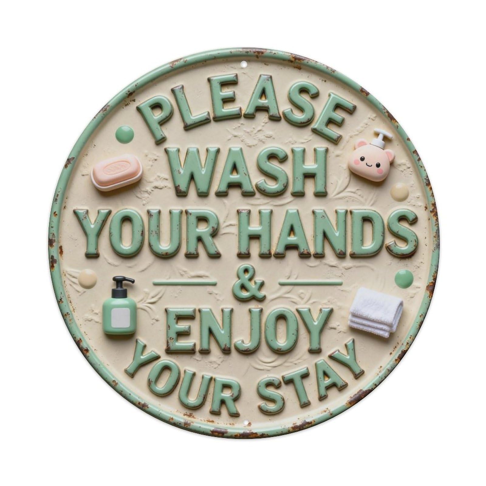 PLEASE WASH YOUR HANDS & ENJOY YOUR STAY Metal Tin Sign Plaque