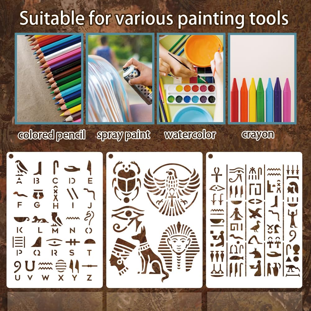 6 fogli stencil geroglifici per pittura, 2 misure antico egiziano riutilizzabile modelli da disegno icone egiziane per dipingere su parete legno decorazione per la casa, 20 x 15 cm/29,7 x 21