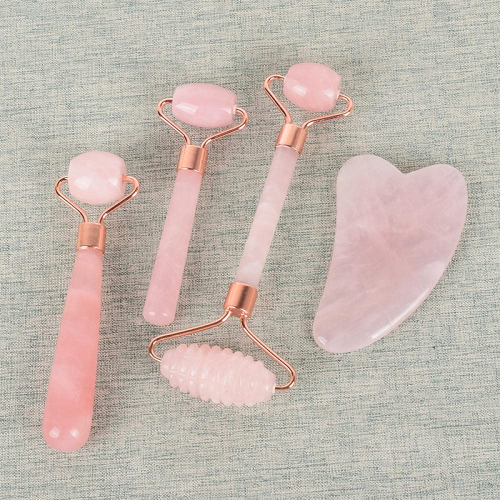 Rullo di quarzo rosa dimagrante per la cura del viso Gua Sha SHA Set di pietra naturale-4 pezzi