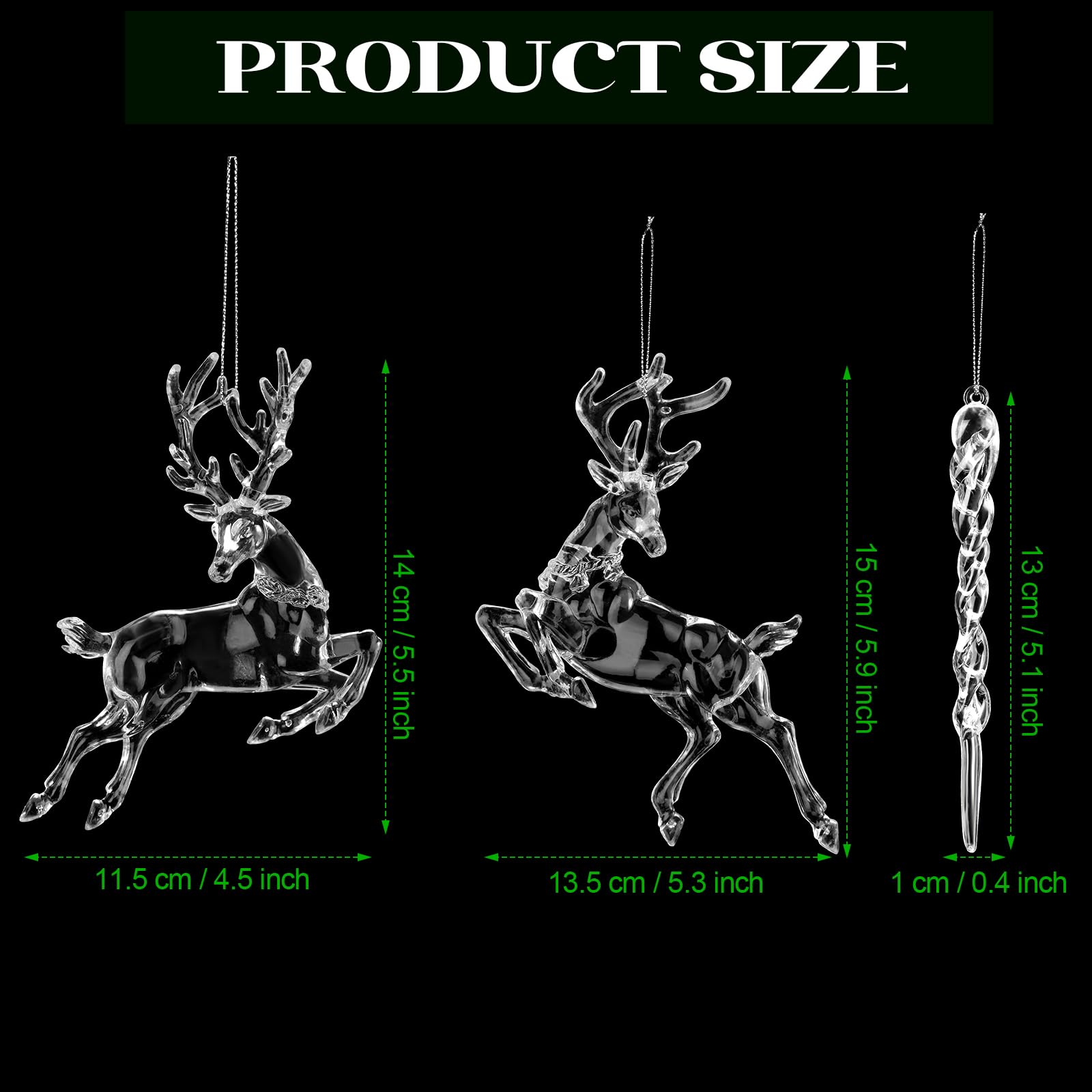 Menkxi Adornos de cristal de Navidad, adornos de Navidad acrílicos para decoración de árbol, copos de nieve transparentes, diferentes tamaños, carámbanos, ciervos para colgar en Navidad, invierno, al