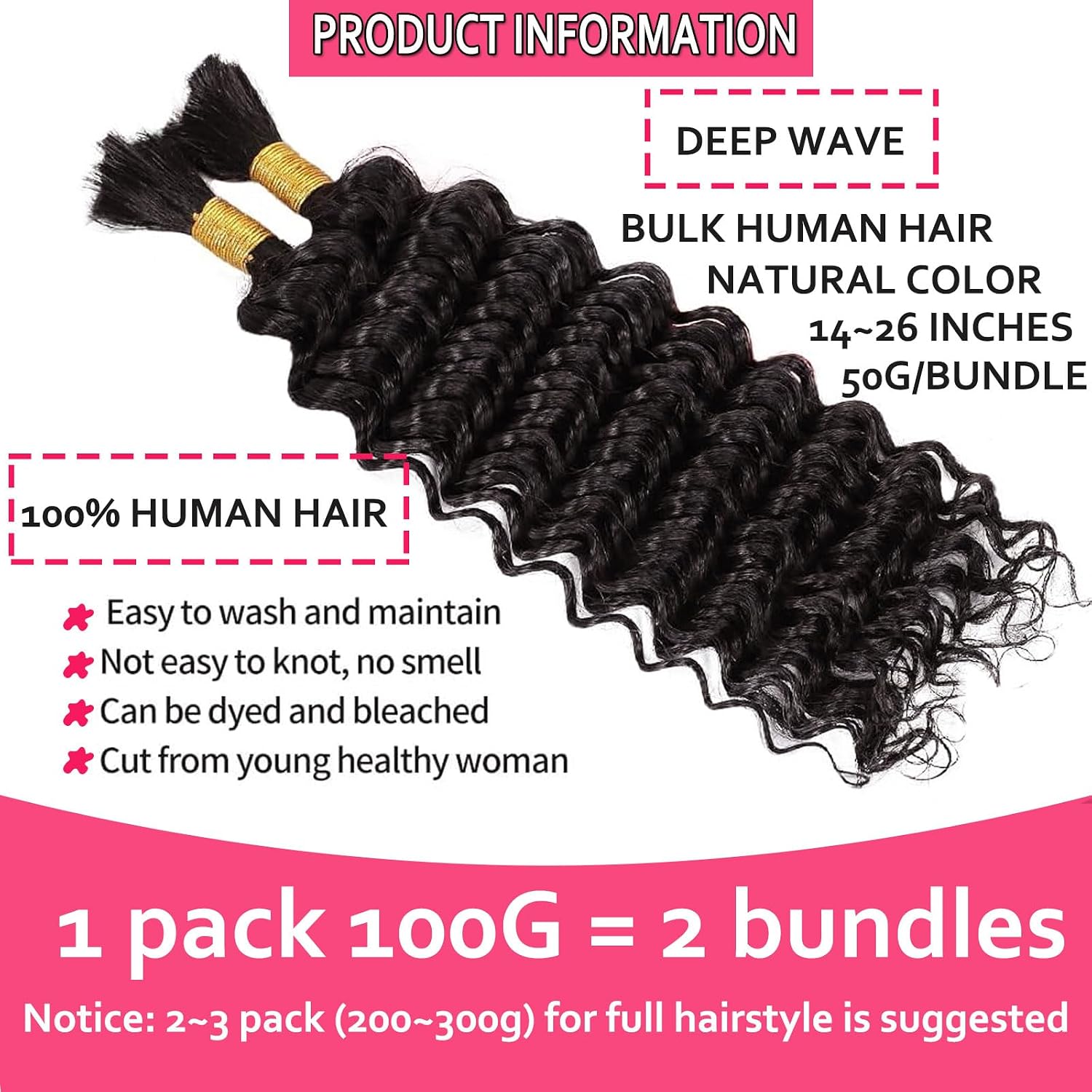 Huarisi Deep Wave Bulk Human Hair for Braiding, 100 g, 14 Inches/35.5 cm, No Weft, Knotless Boho Braids, Natural Colour, Curly Human Braiding Hair Extensions (50 g/Bundle, 2 Bundles a Lot) 14 natural color-bd braiding 100g