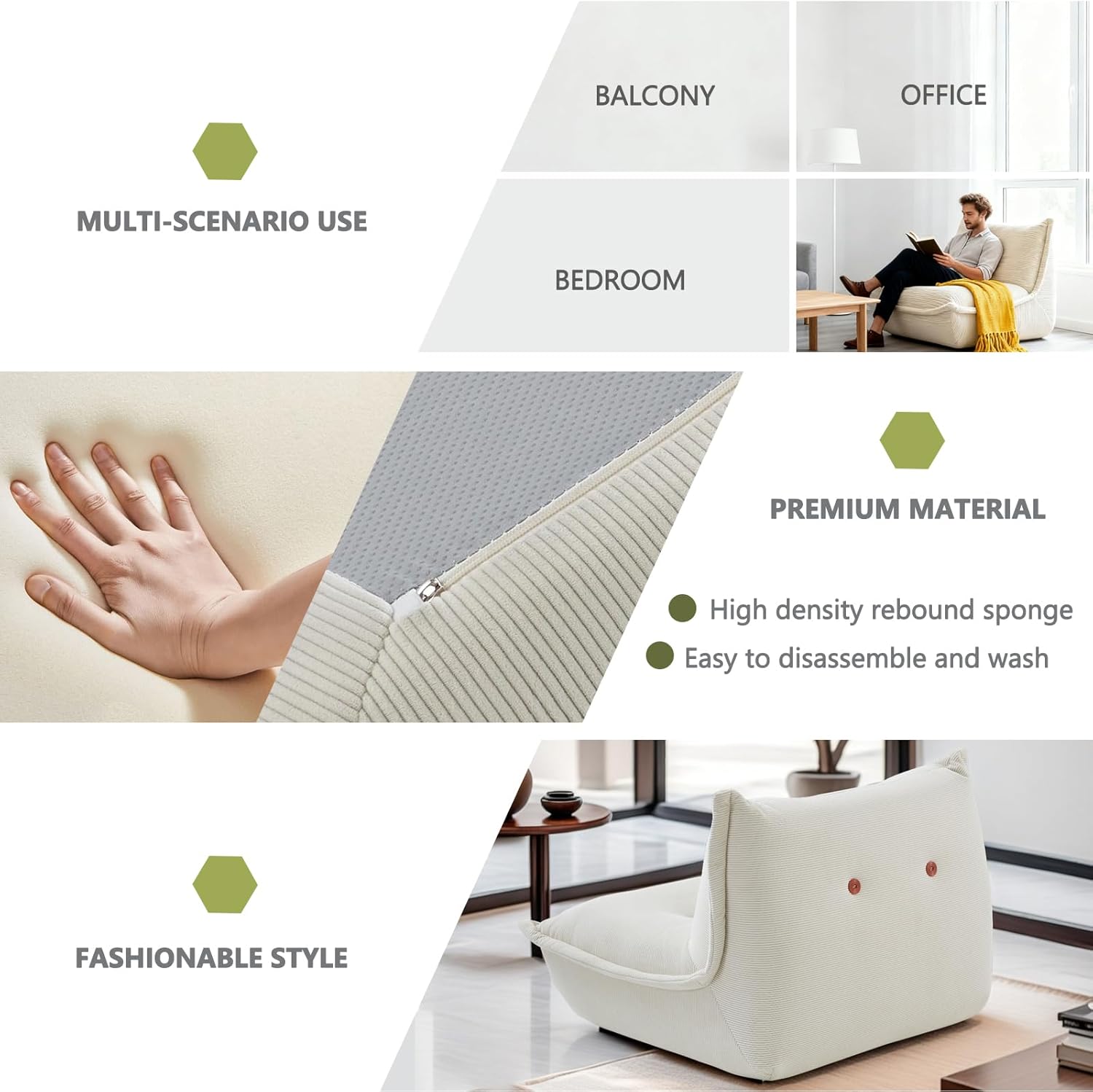 Bean Bag Chair,Memory Foam Bean Bag Chairs,Filled with High-Resilience Memory Foam,Skin Friendly Corduroy Fabric,for Living Room, Bedroom, Apartment