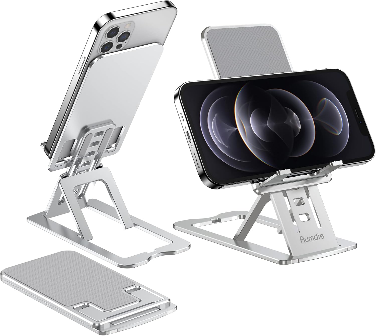 Adjustable Cell Phone Stand, Foldable Cellphone Stand, Aluminum Desktop Phone Holder Compatible with iPhone 12, 11, Xs Pro Max, 8/7 Plus, Samsung Galaxy, All Smartphones(4-12 inches)