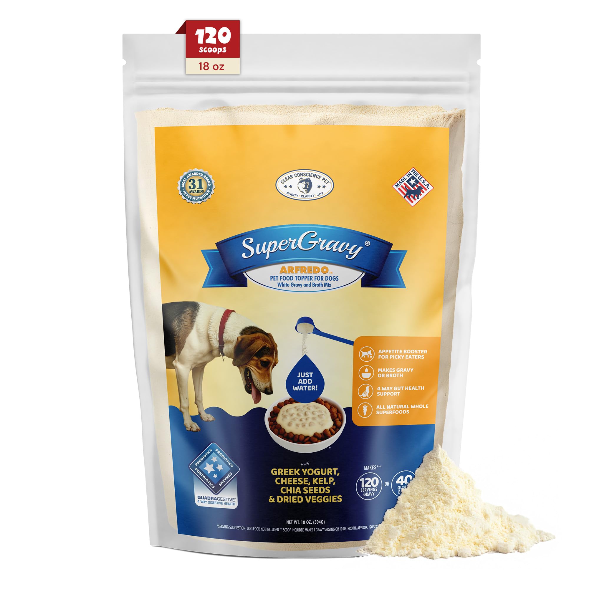 CLEAR CONSCIENCE PET® Arfredo SuperGravy® Dog Food Topper Hydration Broth Mix Greek Yogurt Cheese Blend Kibble Seasoning Probiotics Prebiotics Enzymes Taurine 18 oz. 120 Scoop, All Life Stage