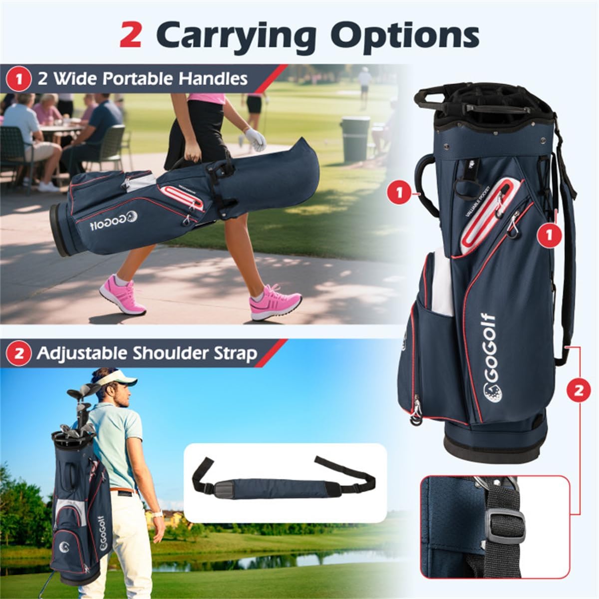 14-Way Golf Cart Bag with Cooler Pocket Waterproof Zipper Golf Club Organizer Bag, 6 Zippered Pockets, Full-Length Dividers, Lightweight for Men and Women, Navy/Red