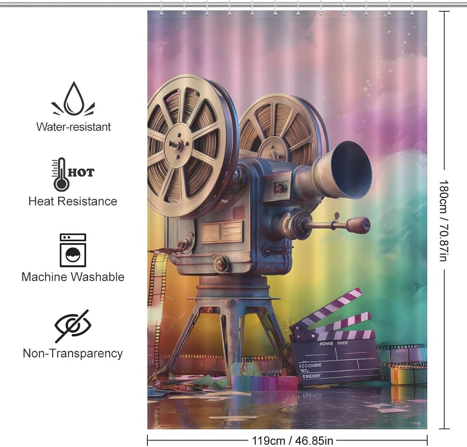 Movie Projector Film Chalkboard Shower Curtain 46.85x70.87Inch（119x180cm） Polyester Bath Curtain Shower Curtains Printed Decorative