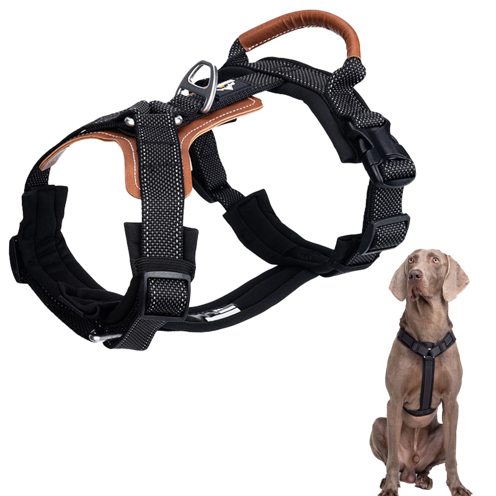 Pettorina per cani con imbottitura in pelle, catarifrangente, a prova di fuga, con fibbia ad A, regolabile in nylon (nero, XL)