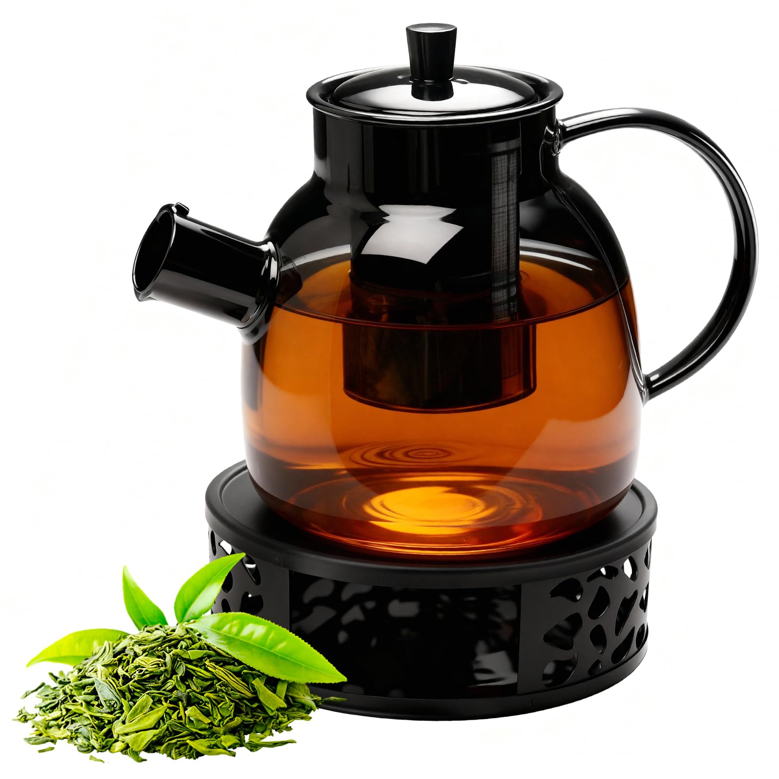 1500ml Teekanne mit Stövchen, Teekanne mit Siebeinsatz und Deckel, Glas Teebereiter mit Abnehmbare Siebeinsatz, Hitzebeständig Glaskanne für Losen Tees Fruchttee Duftender Tee Blumentee (Schwarz)