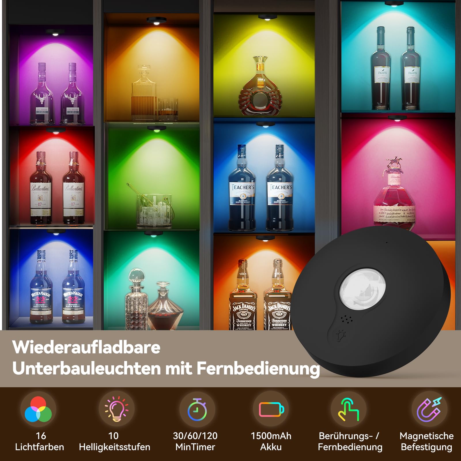 Schrankbeleuchtung Kabellos Akku USB, Unterschrank Beleuchtung Küche, Unterbauleuchte Küche LED Ohne Kabel, Vitrinenbeleuchtung Magnetisch, Puck Lights Mit Fernbedienung, Schwarz, 12 Stück,3-Farbe-RGB