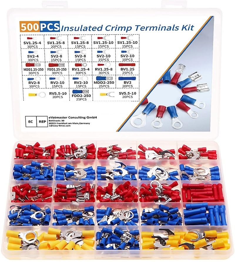 500pcs Spade Crimp Terminal Assorted Electrical Wire Cable Connector Insulated Ring Fork Butt Ring Lugs Rolled Set VUQLDHAYZ