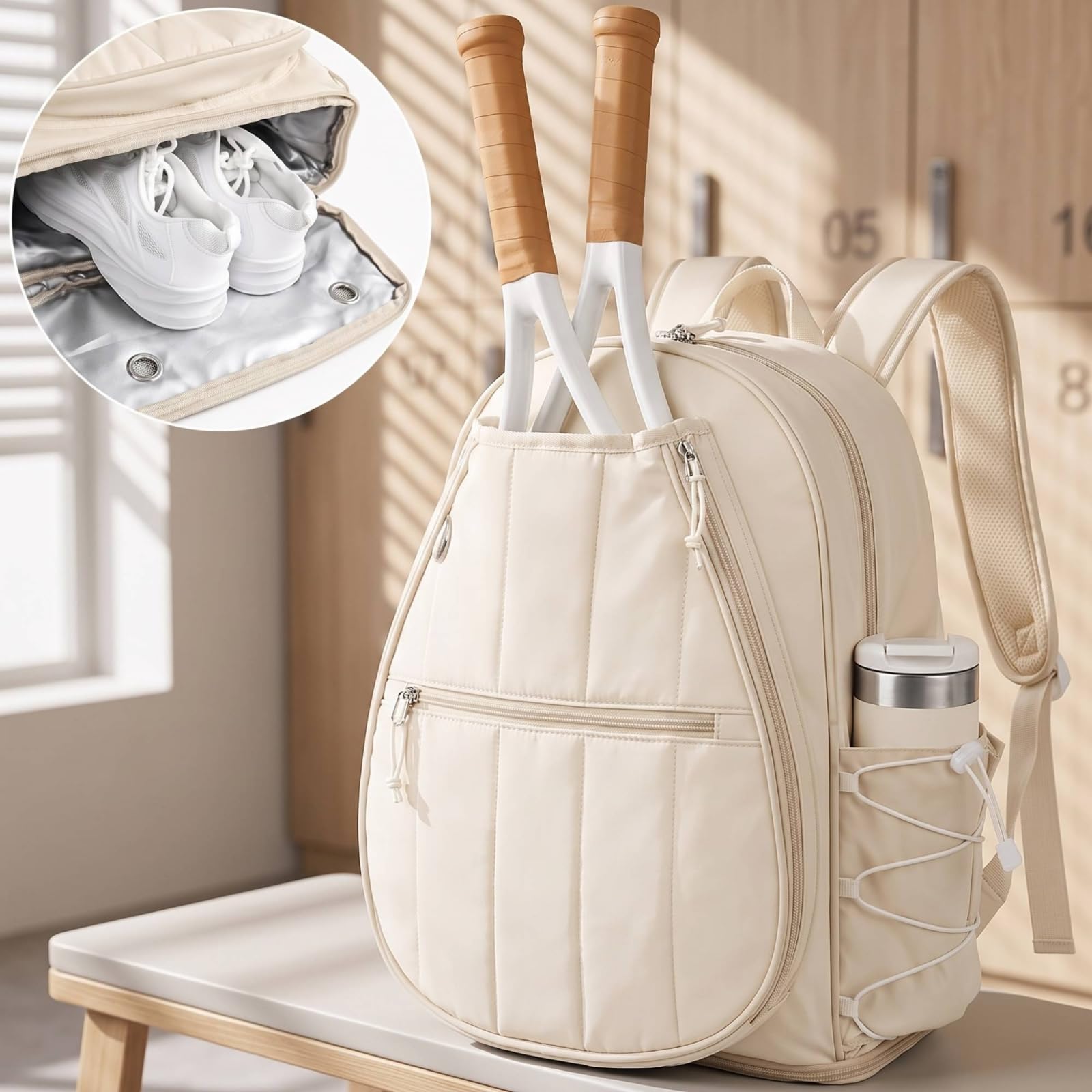 Bolsa Entrenamiento para Mujer con Compartimento para Zapatillas Mochila Tenis con Gancho y Panel Transpirable para Gimnasio y Viaje