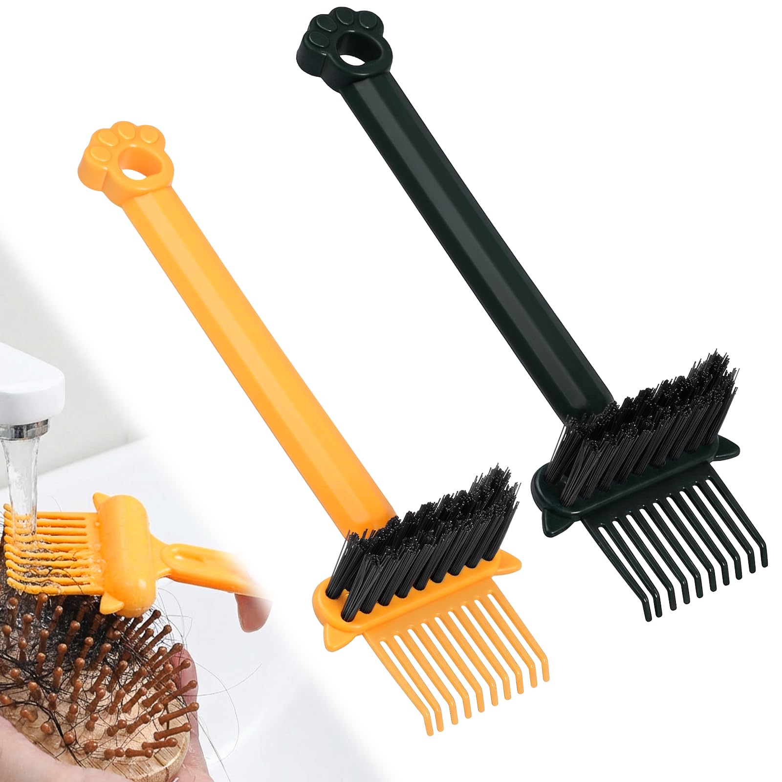 2Pcs 2-in-1 Hair Brush Cleaner Tool, Effective Hairbrush Cleaner, Small Portable Suitable, Removes Hair & Dust from Combs, Mini Cleaning Rake with Pick & Bristles for Home and Salon Use (Green/Yellow)