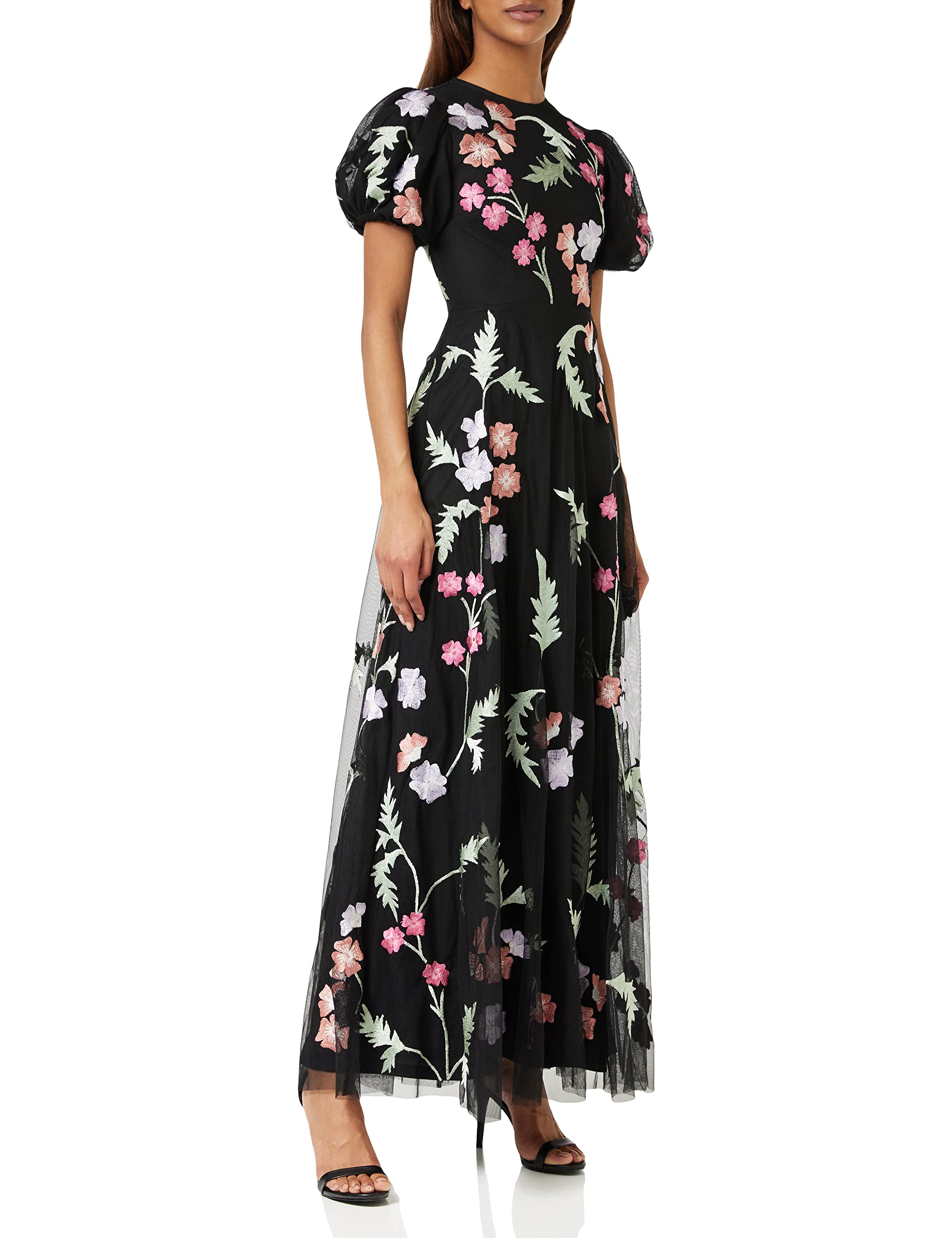 Maya Deluxe Womens Maxi Dress Ladies Floral Embroidered Open Back Puff Sleeves Dress For Wedding Guest Bridesmaid Prom Occasion Vestido Mujer