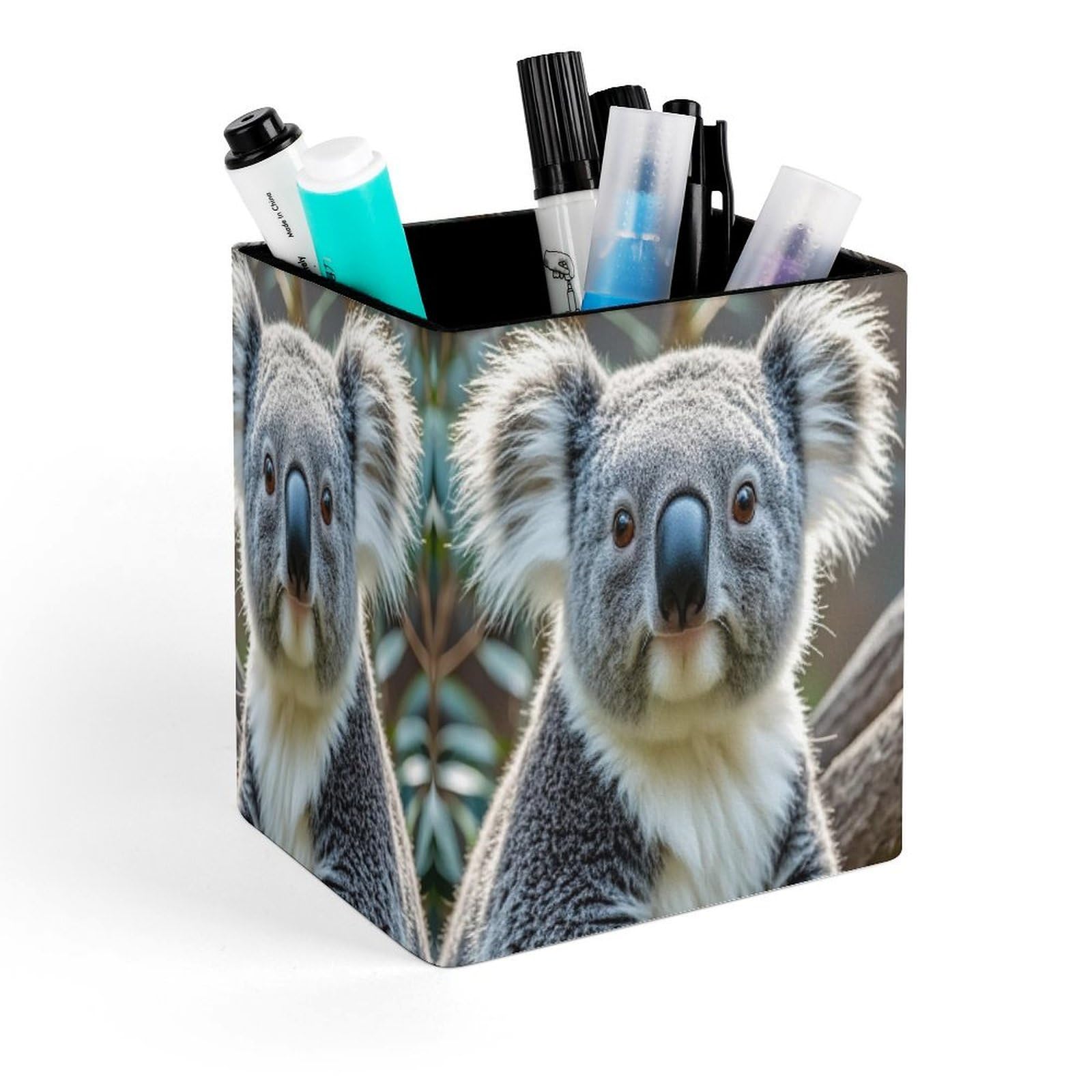 FekiLoot Lovely Koala Pencil Holder for Desk Square Leather Pen Holder Cup Desktop Organizer Multi-Functional Pencil Cup Holders Modern Decorative Desk Organizer Caddy Makeup Brush Holders