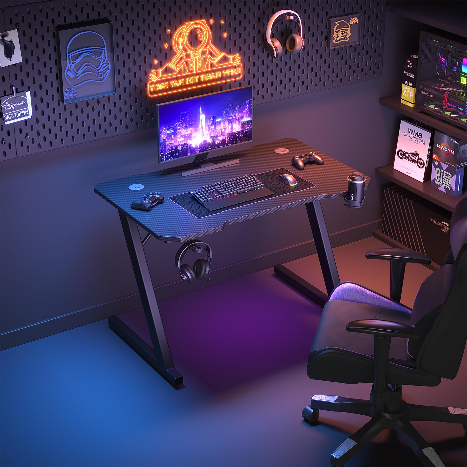 JUMMICO Escritorio Gaming 80x50cm, Fibra de Carbono con Portavasos y Soporte para Auriculares, Estructura Metálica Negra