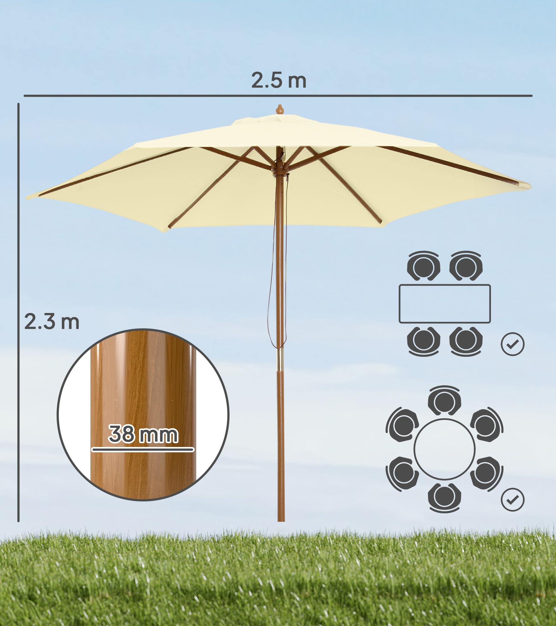 Outsunny Ombrellone da Giardino 2.5x2.3m, Ombrellone Parasole a 6 Stecche in Legno e Poliestere, Beige