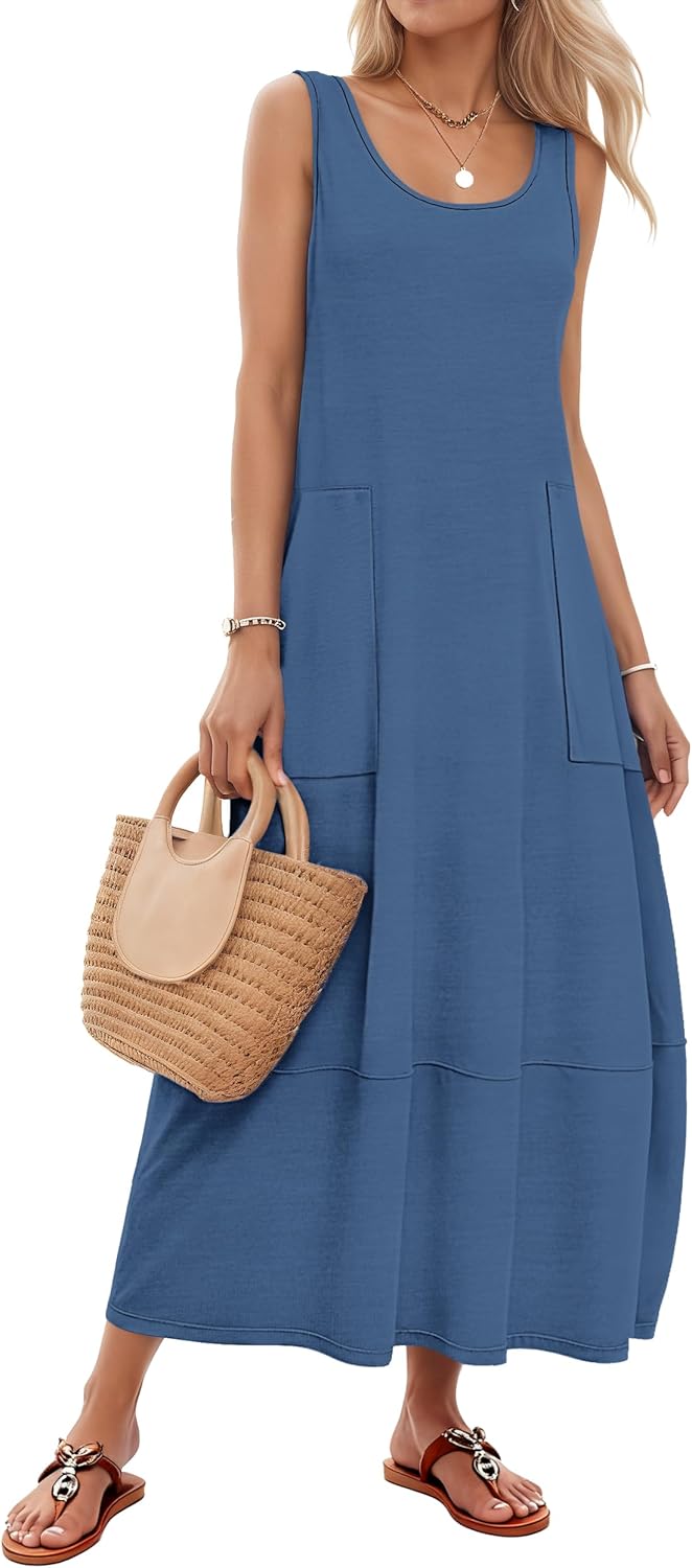 WNEEDU Summer Dress for Women 2026 Sleeveless Boho Maxi Dresses Casual Scoop Neck Beach Long Sundress Travel Vacation Outfits