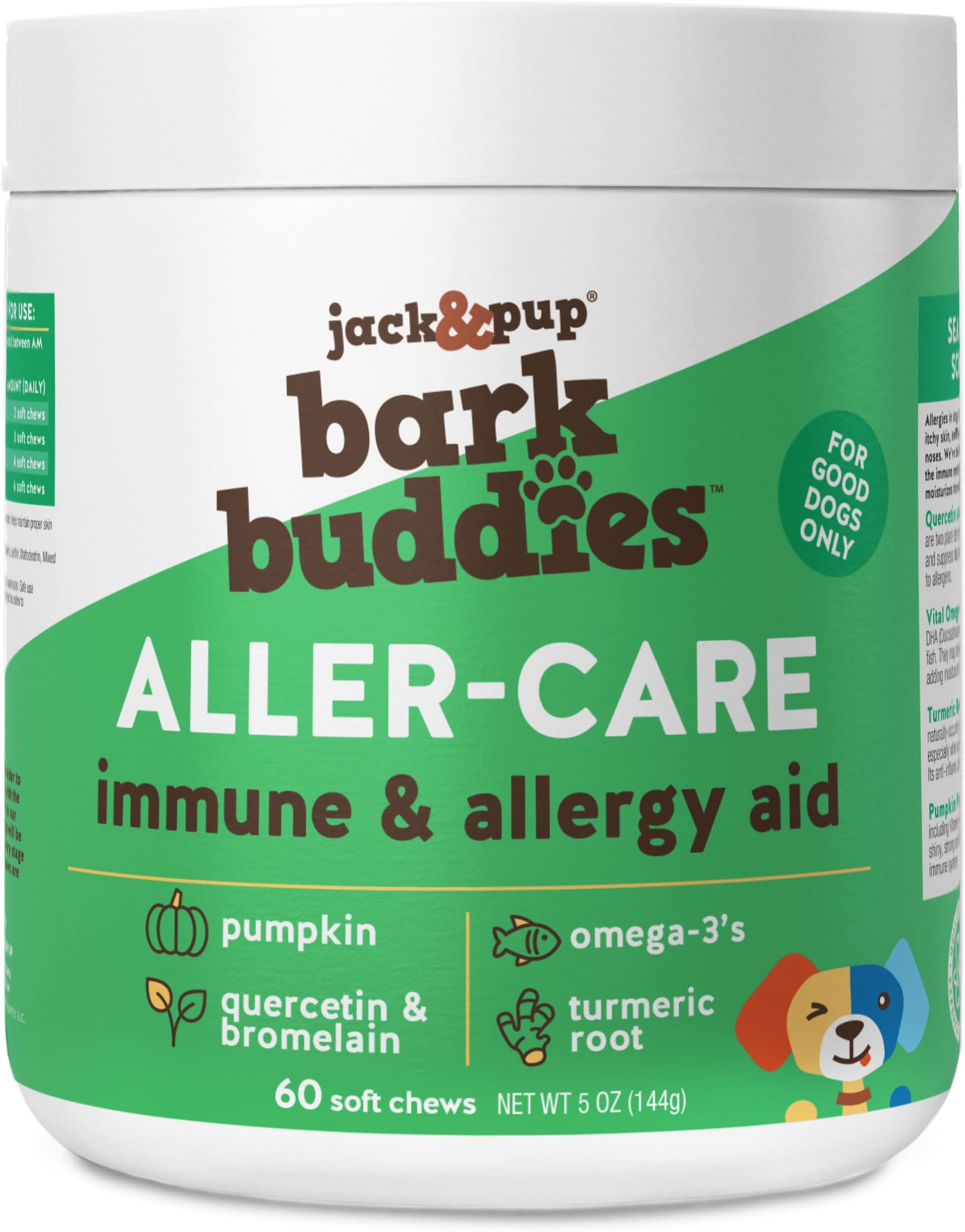Jack&Pup Dog Allergy Chews - Bark Buddies Aller-Care Soft Chew Bites Itch Relief for Dogs & Allergy Support for Dogs - Dog Immune Supplement, Dog Skin Allergies Treatment and Anti Itch for Dogs 60ct