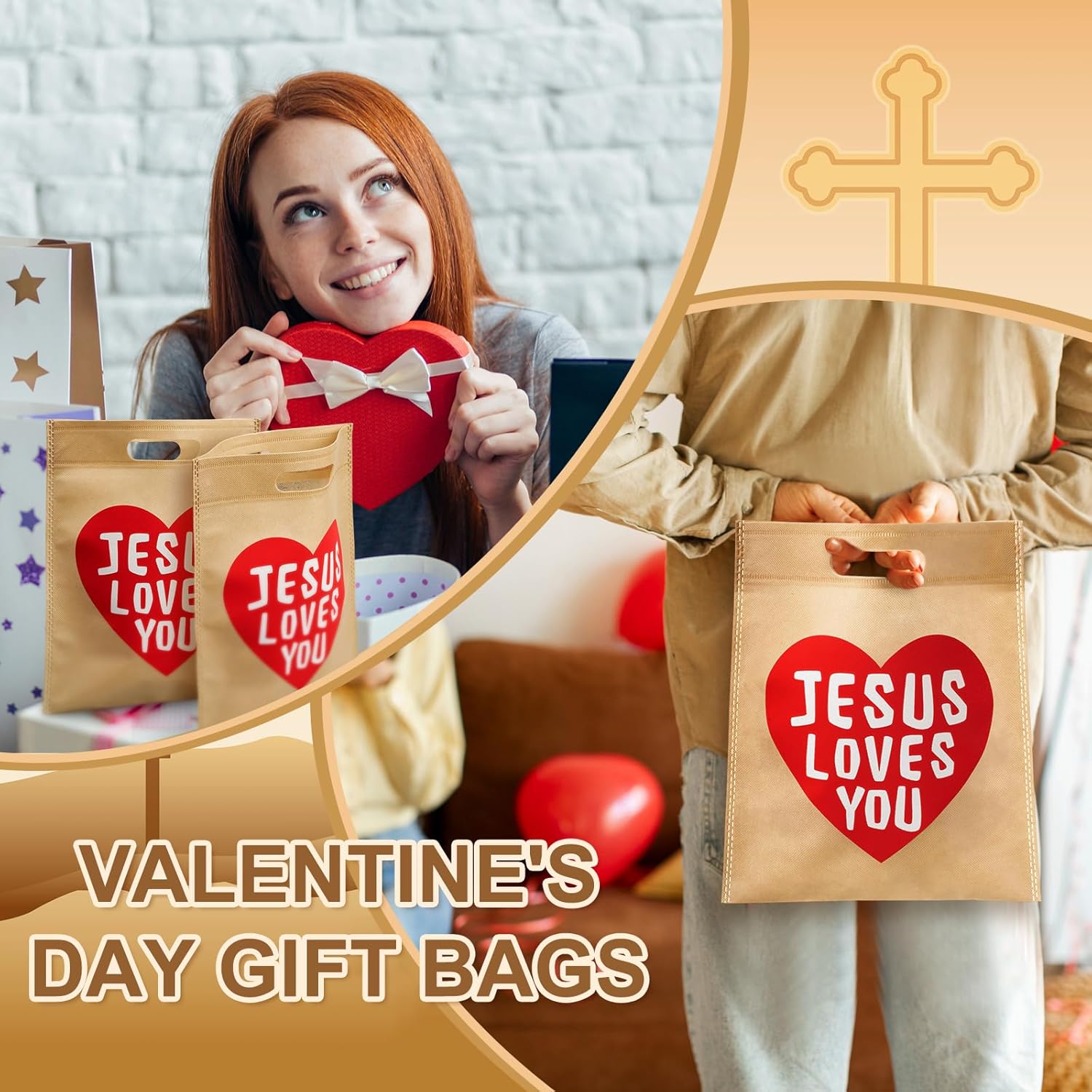VitalCozy 24 Pcs 48 Pcs Jesus Loves You Bags Bulk Easter Reusable Non Woven Christian Religious Gift Bag with Handle Candy Tote (Light Brown) - Image 5