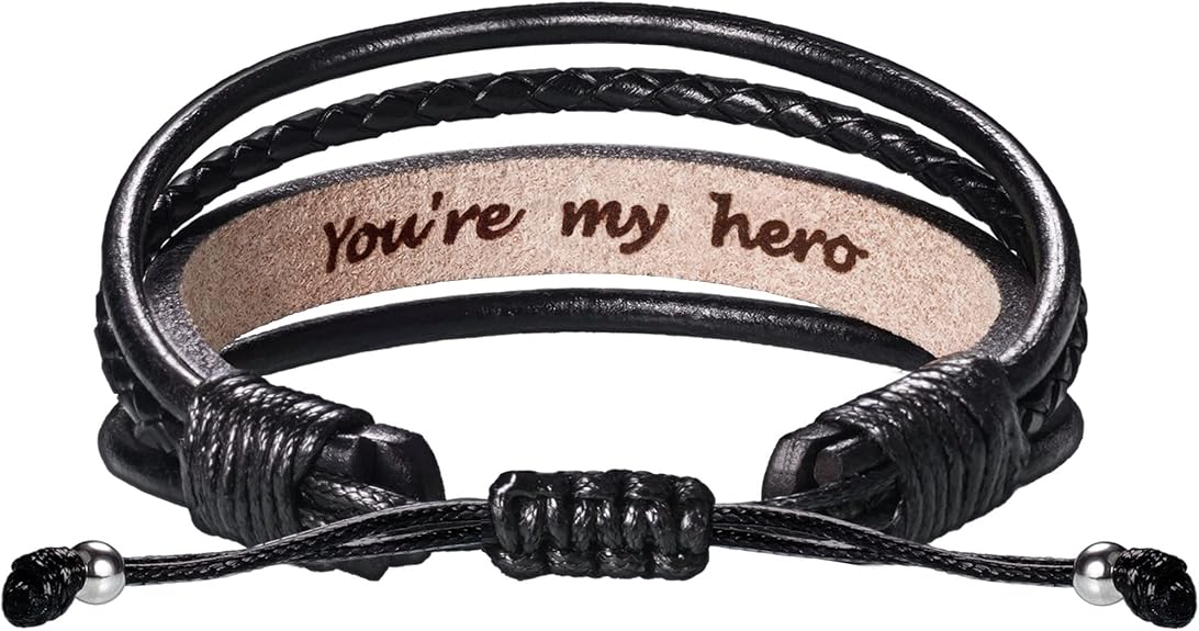 Leather Bracelets for Men Women Inspirational Gifts for Him Her Handmade Black Braided Motivational Birthday Gift for Boyfriend Husband Dad Anniversary Christmas Mens Stocking Stuffers