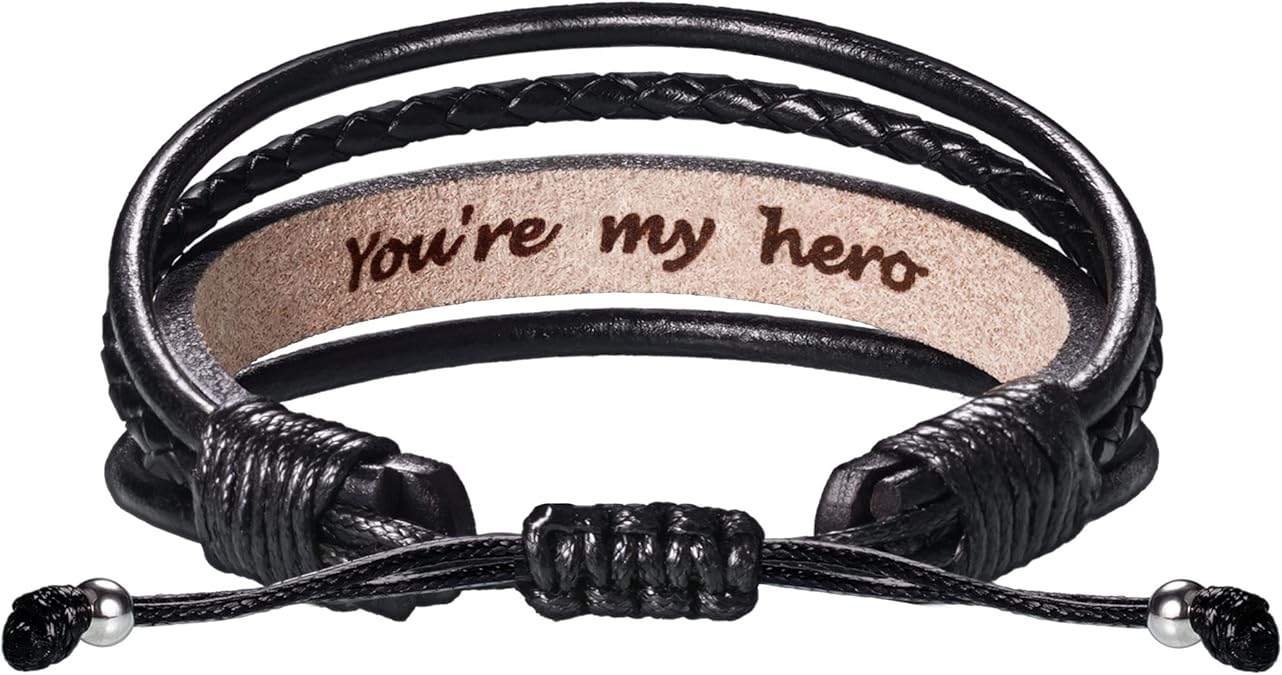 Leather Bracelets for Men Women Inspirational Gifts for Him Her Handmade Black Braided Motivational Birthday Gift for Boyfriend Husband Dad Anniversary Christmas Mens Stocking Stuffers
