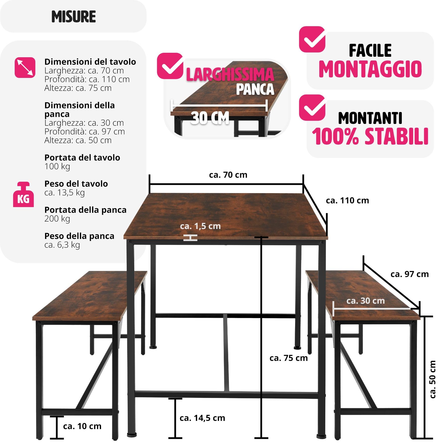 tectake® Salottino Bolton, Set da Pranzo Industriale, 1 Tavolo 2 Panche, Facile da Pulire, Regolabile, Robusto Telaio in Acciaio, Effetto Legno, Salotto - Legno industriale scuro, rustico