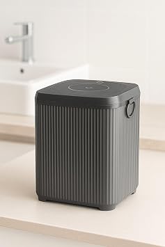 Sas Haus Lines Series Gray Bathroom Set, 5 Piece Acrylic Square 5 Liter Trash Can, Soap Dispenser, Brush Holder Set 3462 Grey