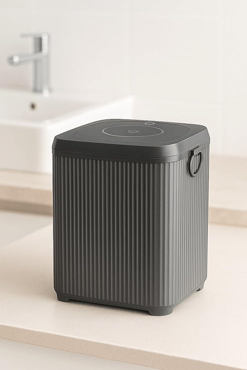 Sas Haus Lines Series Gray Bathroom Set, 5 Piece Acrylic Square 5 Liter Trash Can, Soap Dispenser, Brush Holder Set 3462 Grey